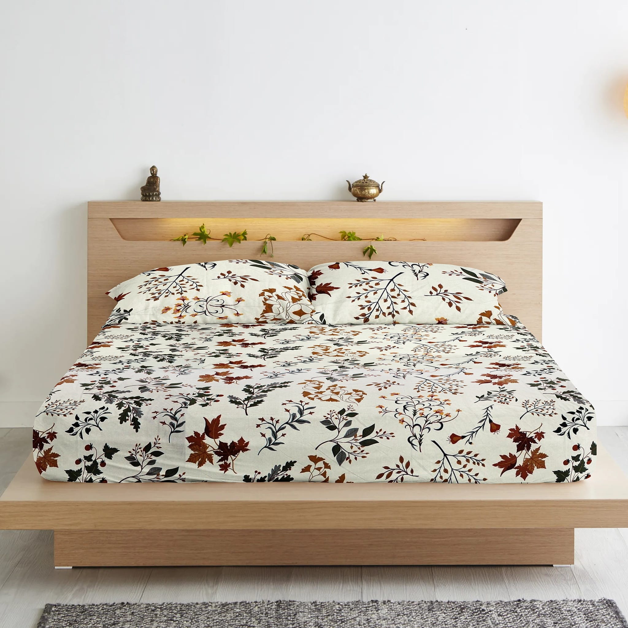Floral 210 TC Cotton Fitted Bedsheet Set with Matching Pillow Covers