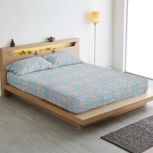 Damask 210 TC Fitted Bedsheet with Pillow Covers -  Blue