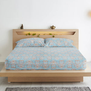 Damask 210 TC Fitted Bedsheet with Pillow Covers -  Blue