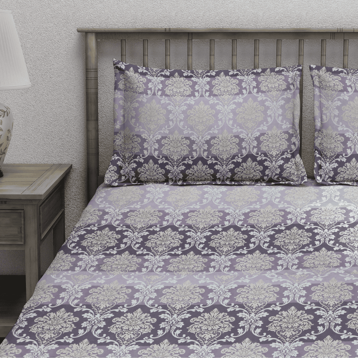 Purple damask print 210 TC cotton flat bedsheet with matching pillow covers