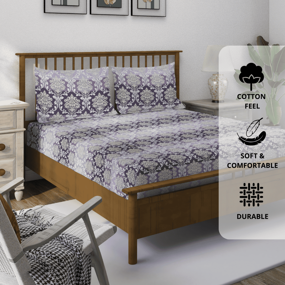 Luxury damask design cotton bedsheet in purple with pillow cover