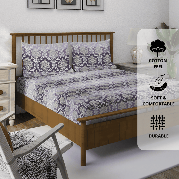 Luxury damask design cotton bedsheet in purple with pillow cover