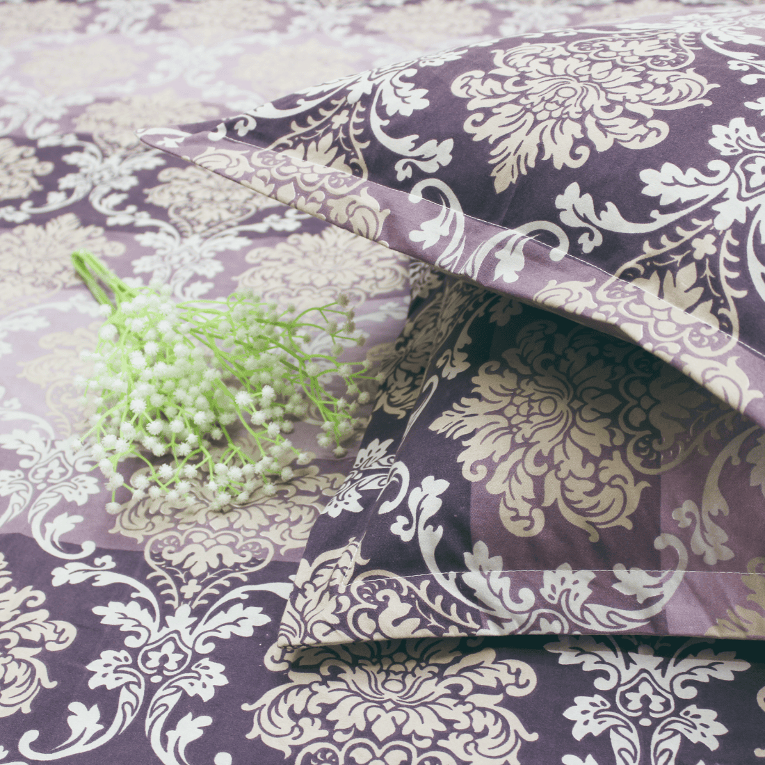 Purple damask 210 thread count fitted bedsheet with matching pillow covers featuring elegant floral pattern"