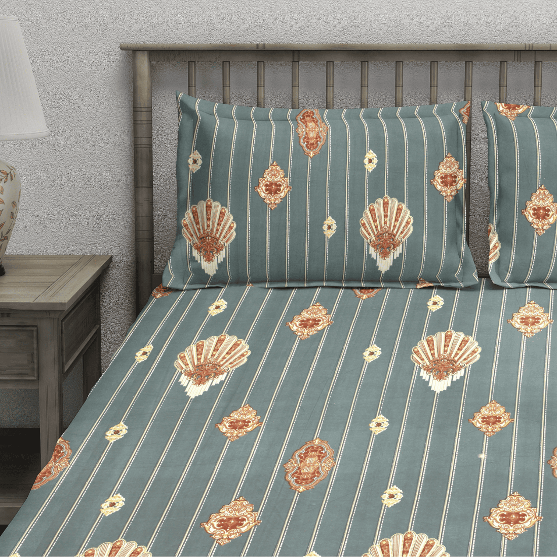 King size grey damask 210 TC flat bedsheet with matching pillow covers