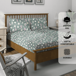 Floral 210 TC cotton bedsheet with matching pillow covers in grey color