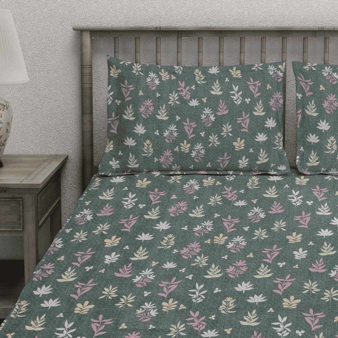 Grey fitted bedsheet set with floral print 210TC matching covers