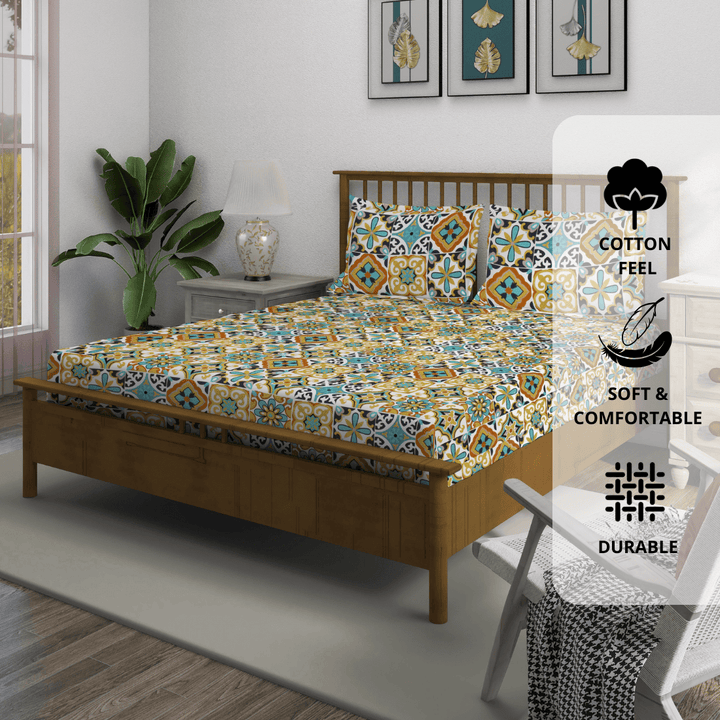 Floral multicolor fitted bedsheet 210TC with matching pillow covers