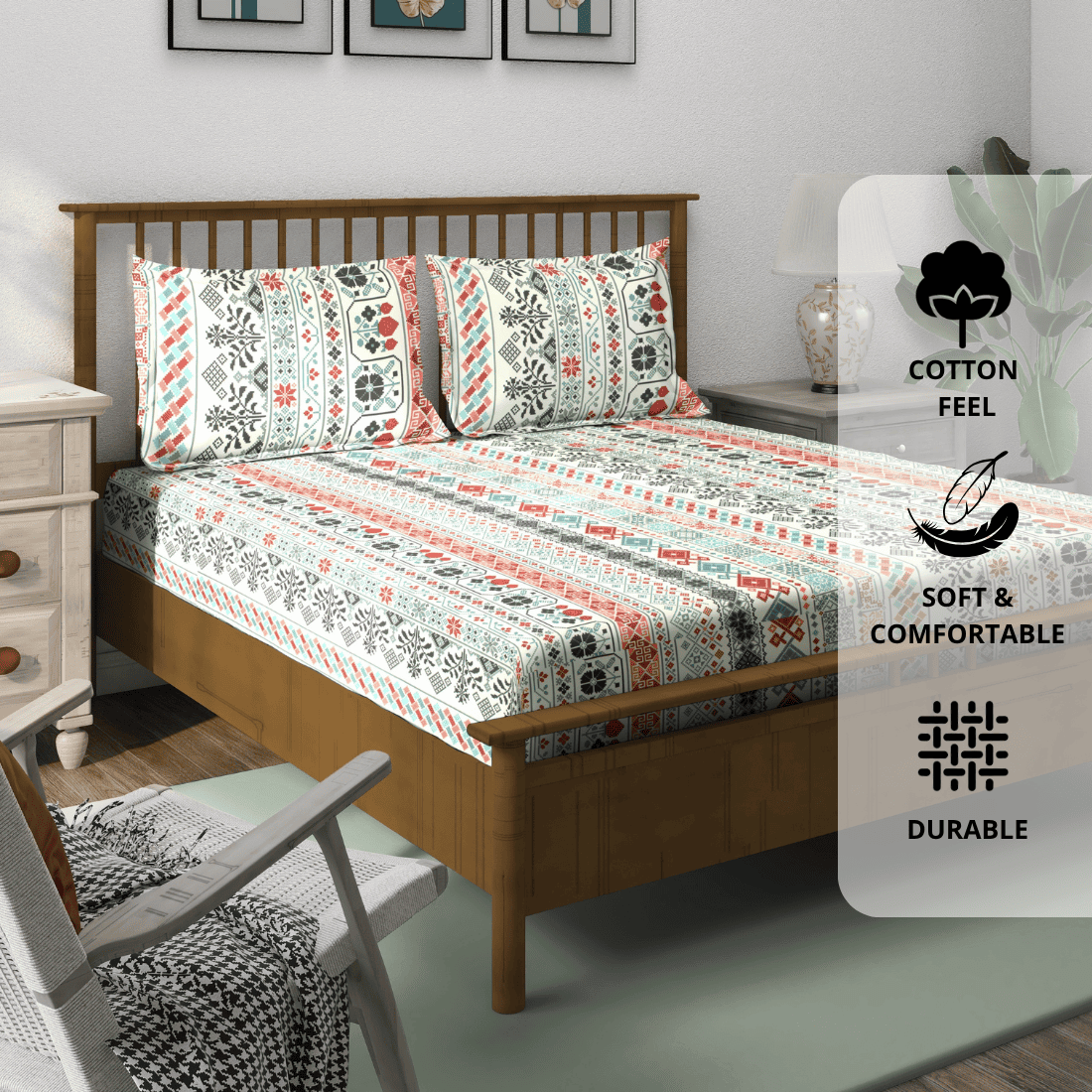 King size multicolor floral 210 TC flat bedsheet with pillow covers