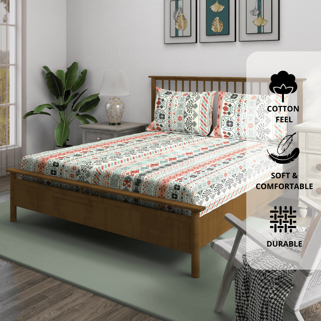 Multicolor floral fitted bedsheet 210TC with and matching pillow covers