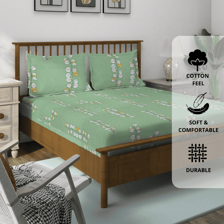 Green Floral 210 TC bedsheet set with pillow covers