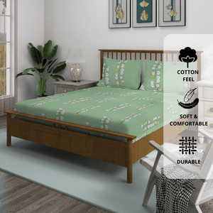 Green floral 210TC fitted bedsheet with and matching pillow covers
