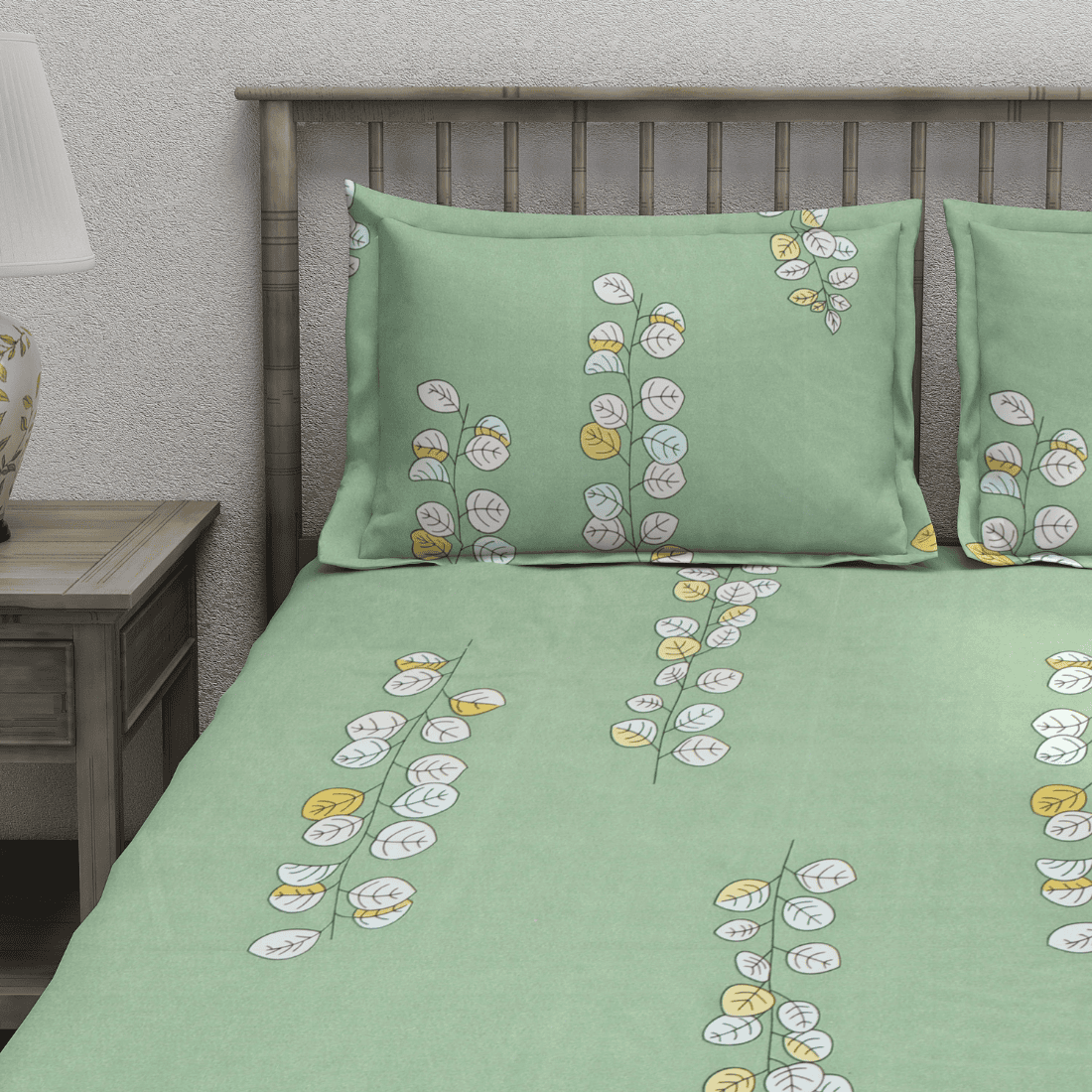 Green floral 210TC fitted bedsheet with and matching pillow covers
