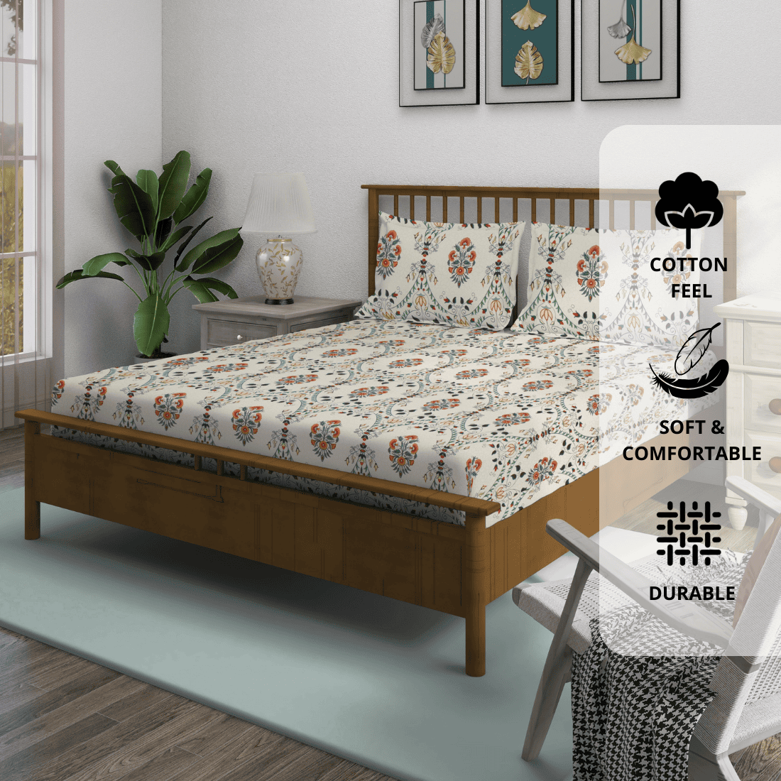Floral 210 TC Fitted bedsheet with Pillow Covers -  Multicolor