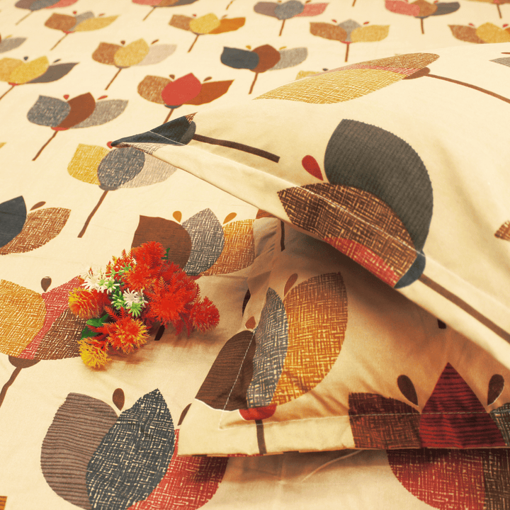 Floral 210 TC Fitted bedsheet with Pillow Covers -  Brown  