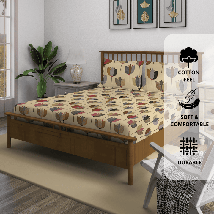 Floral 210 TC Fitted bedsheet with Pillow Covers -  Brown 