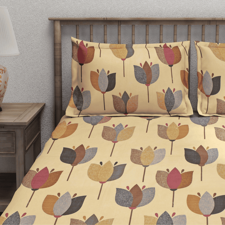 Full View Floral 210 TC Fitted bedsheet with Pillow Covers -  Brown
