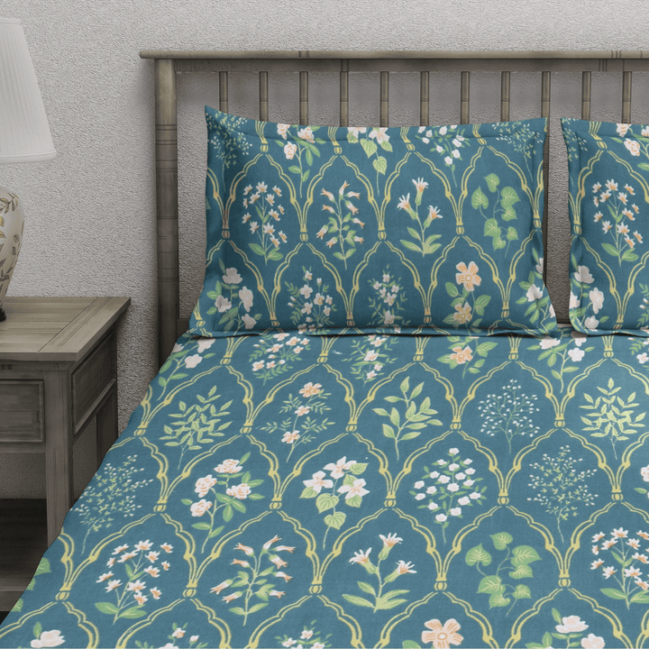 king size floral 210 TC flat bedsheet with pillow covers in aqua