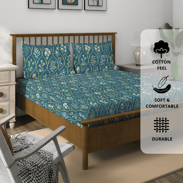 king size floral 210 TC flat bedsheet with pillow covers in aqua