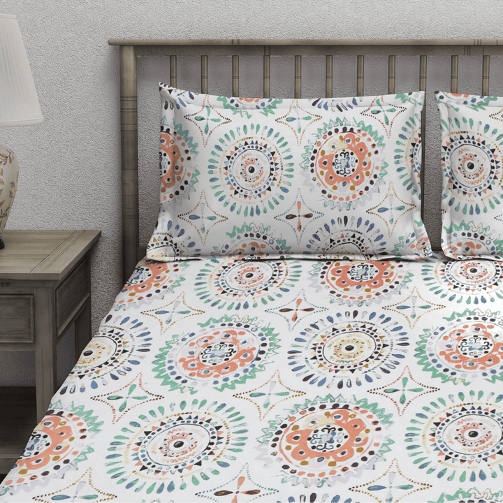 Multicolor geometric 210 TC flat bedsheet with matching pillow covers