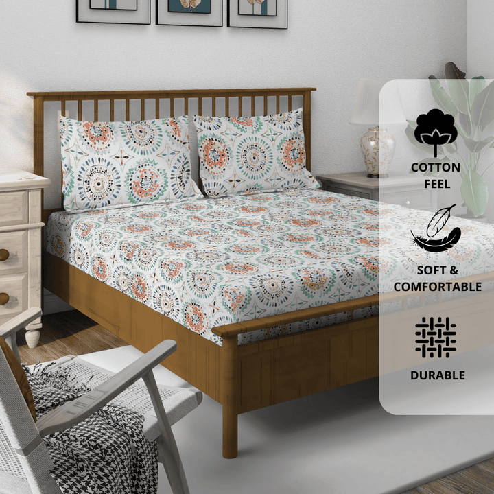 Multicolor geometric 210 TC flat bedsheet with matching pillow covers