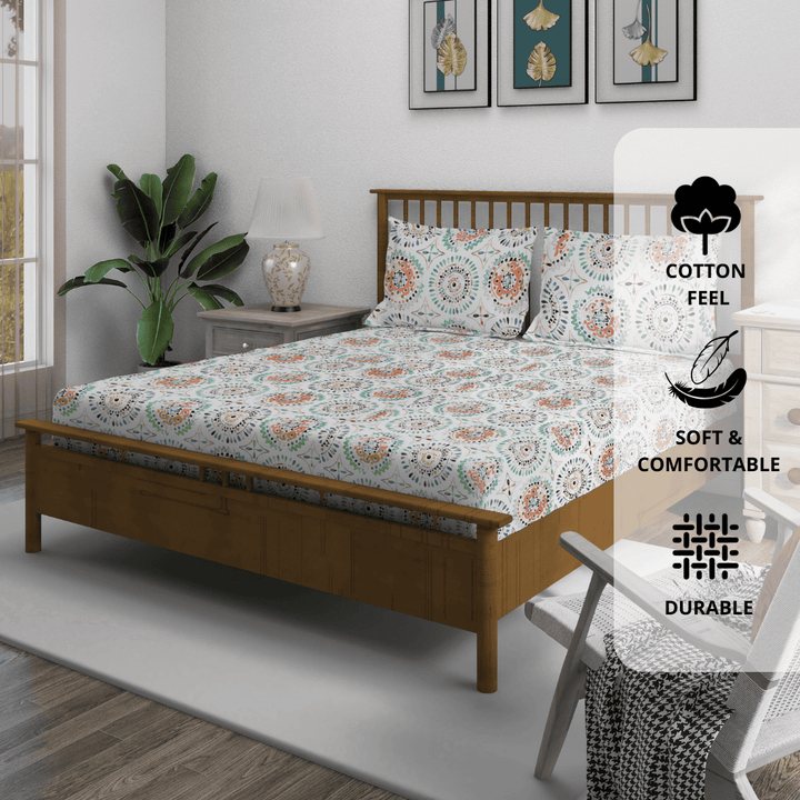 Geometrical 210 TC Fitted bedsheet with Pillow Covers -  Multicolor