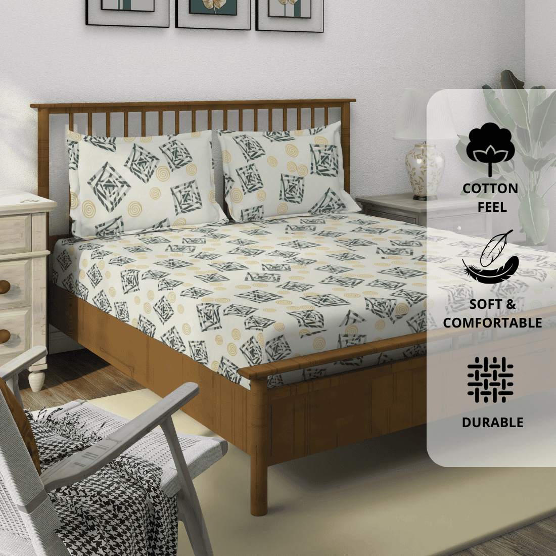 Geometrical 210 TC flat bedsheet with pillow covers