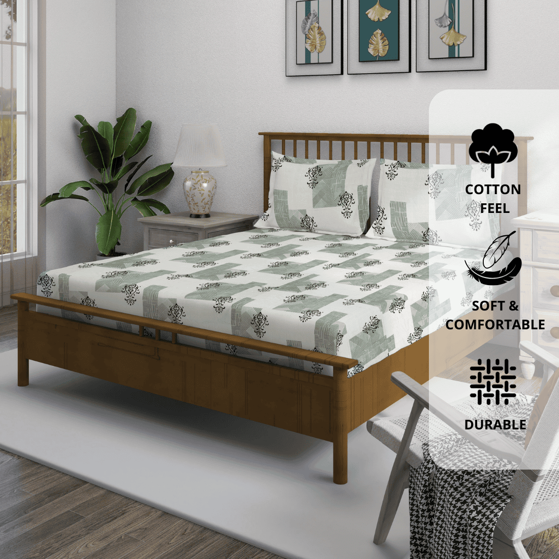Damask 210 TC Fitted bedsheet with Pillow Covers -  Grey