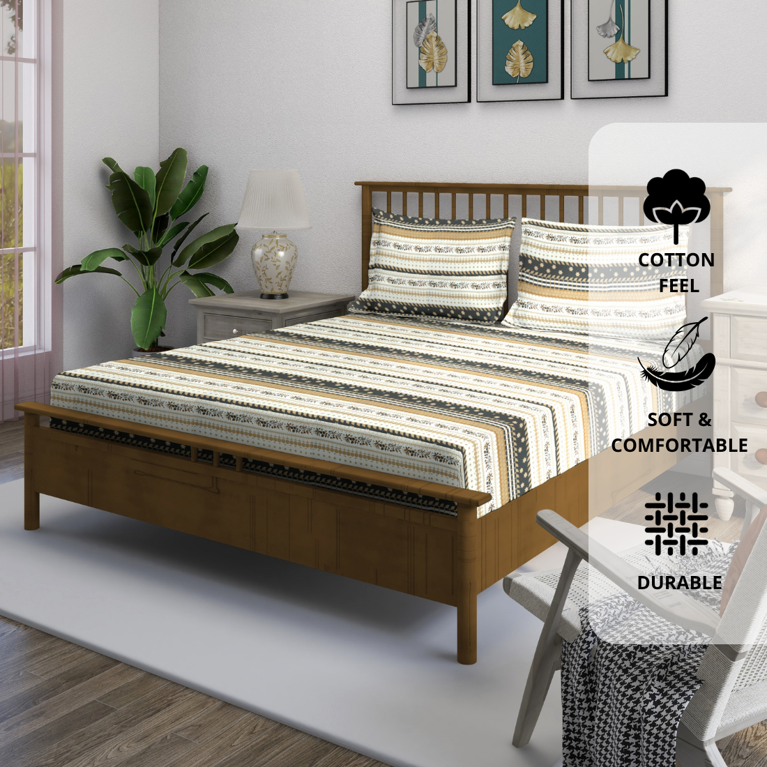 Multicolor abstract cotton fitted bedsheet set for double bed