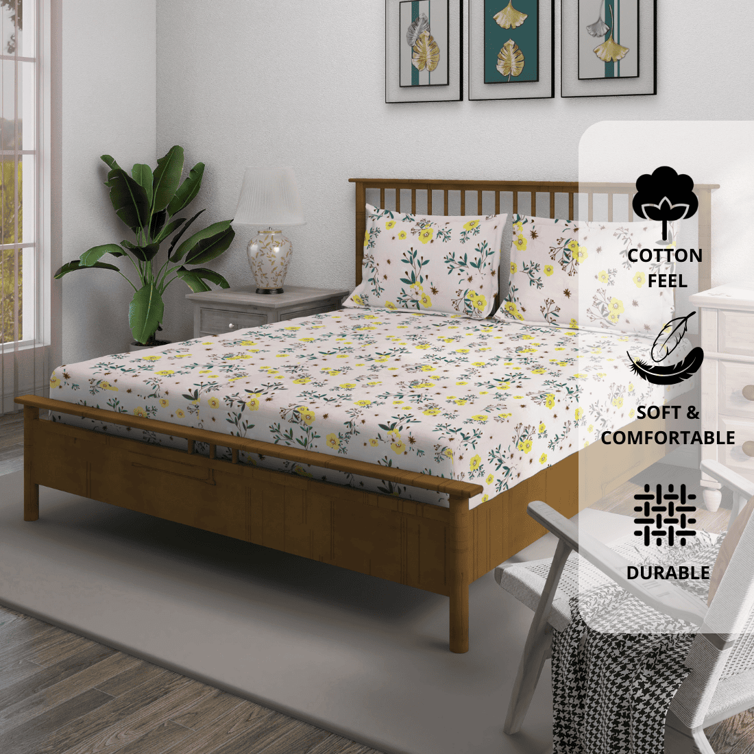 Floral 210 TC Fitted bedsheet with Pillow Covers -  Multicolor