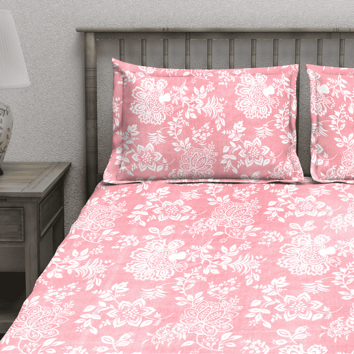 Floral 210 TC Flat bedsheet with Pillow Covers - Pink