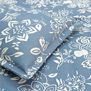 Soft and smooth 210 TC blue floral cotton flat bedsheet with white floral print, showcasing pillow cover design and premium fabric quality.