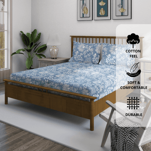 Floral 210 TC Fitted bedsheet with Pillow Covers -  Blue