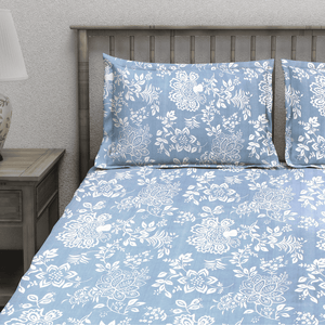 Floral 210 TC Fitted bedsheet with Pillow Covers -  Blue