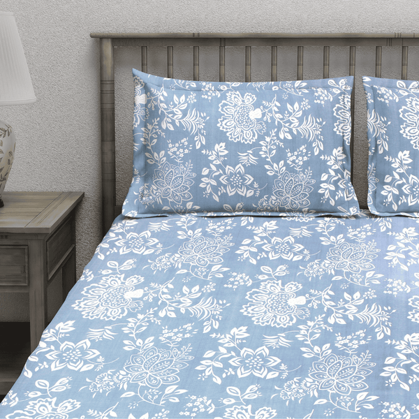 Floral Cotton Flat Bedsheet with Pillow Covers in Blue