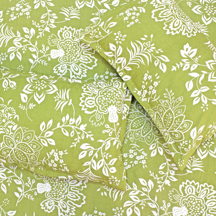 Green Floral 210 TC flat bedsheet with pillow covers