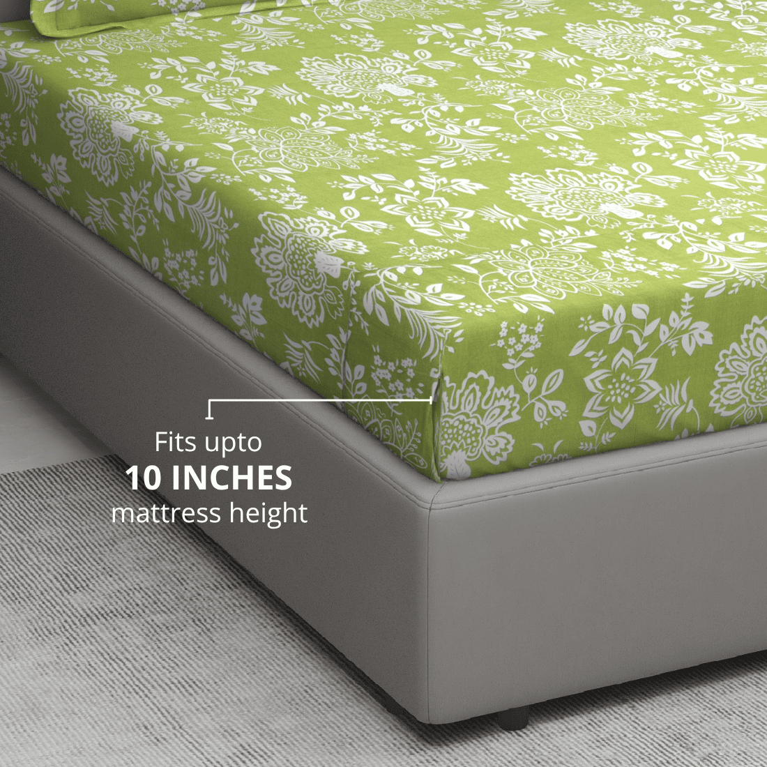 Floral 210 TC Fitted bedsheet with Pillow Covers -  Green