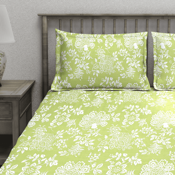Green Floral 210 TC flat bedsheet with pillow covers