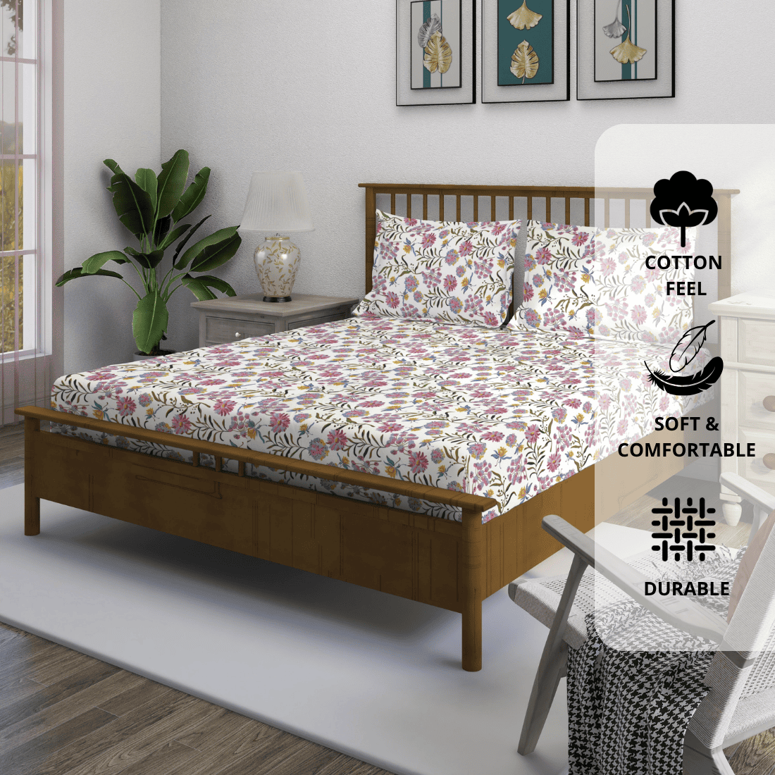 Floral 210 TC Fitted bedsheet with Pillow Covers - Magenta
