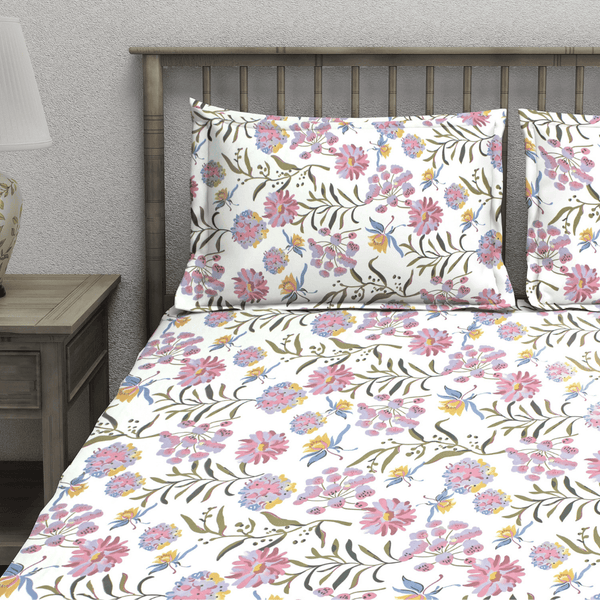 Aurave 210 TC multicolor floral cotton flat bedsheet on bed