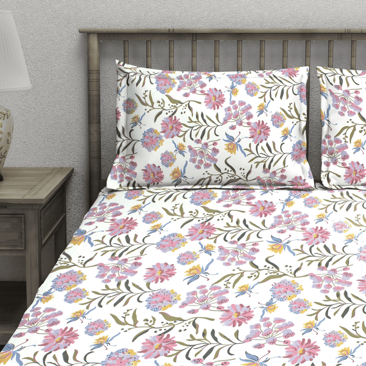 Aurave 210 TC multicolor floral cotton flat bedsheet on bed