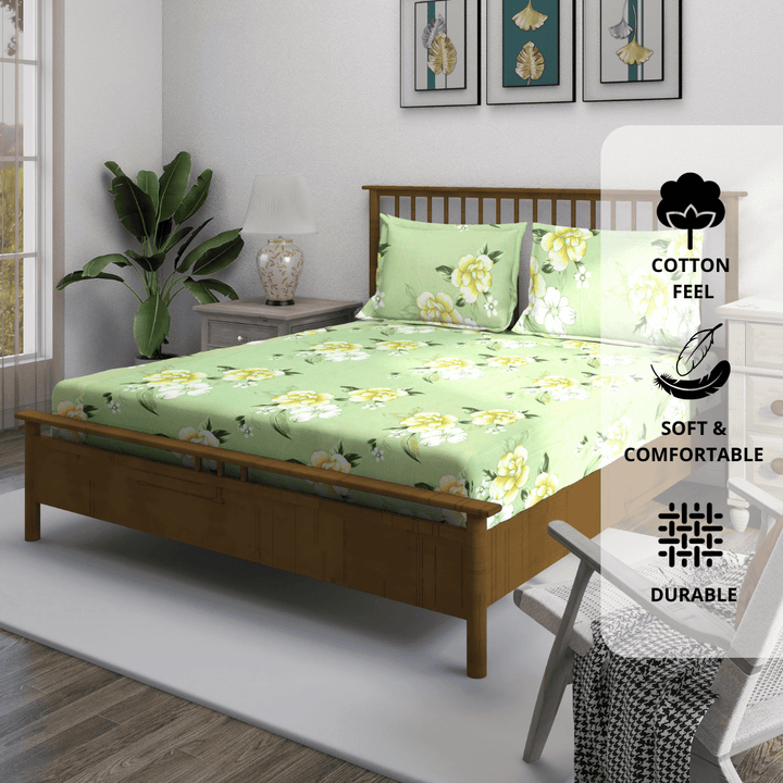Floral Fitted bedsheet set on a wooden bed with room decor 