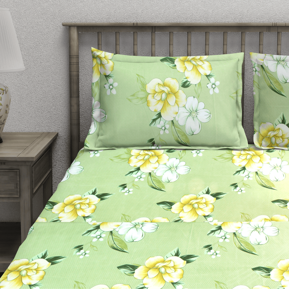 Floral Fitted bedsheet set with on a bed 