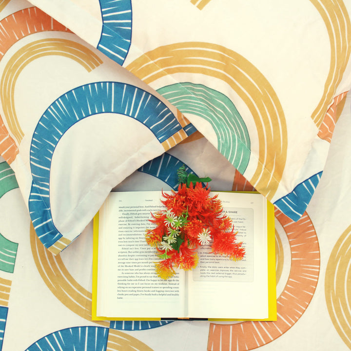 Close-up view Geometrical bedsheet with matching pillow covers 