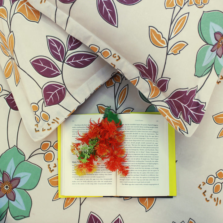 Close-up view of floral cotton bedsheet 