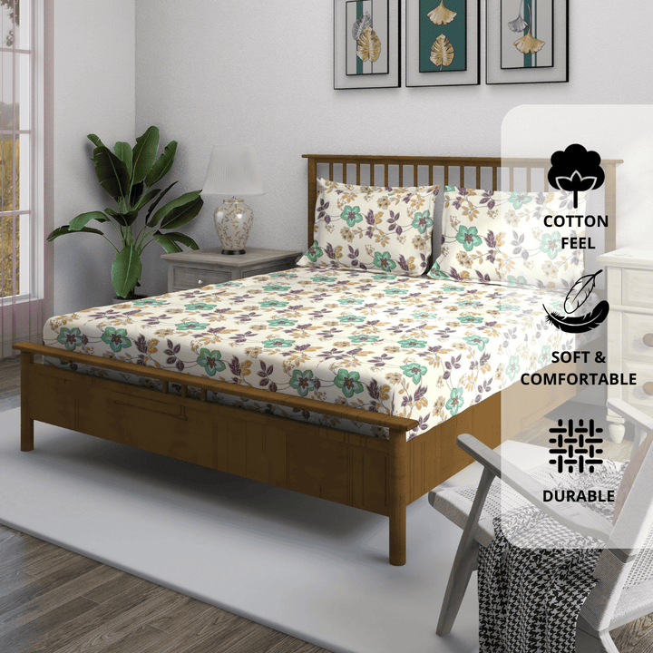 Floral Cotton fitted bedsheet set on wooden bed
