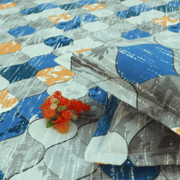 Geometric blue grey yellow cotton bedsheet design