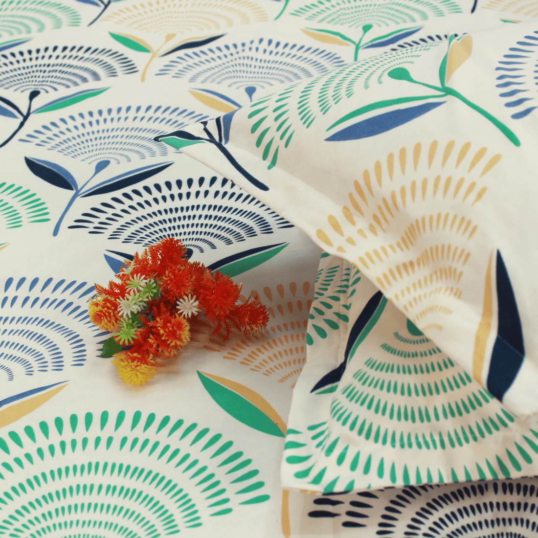 Multicolor-floral-cotton-bedsheet-green-blue-yellow-design