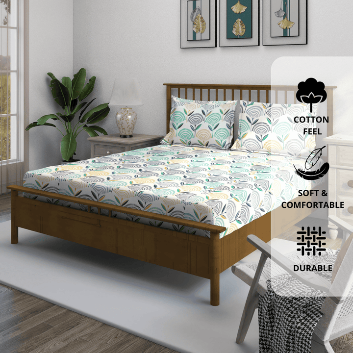 Bed with multicolor fitted bedsheet a bedroom setting