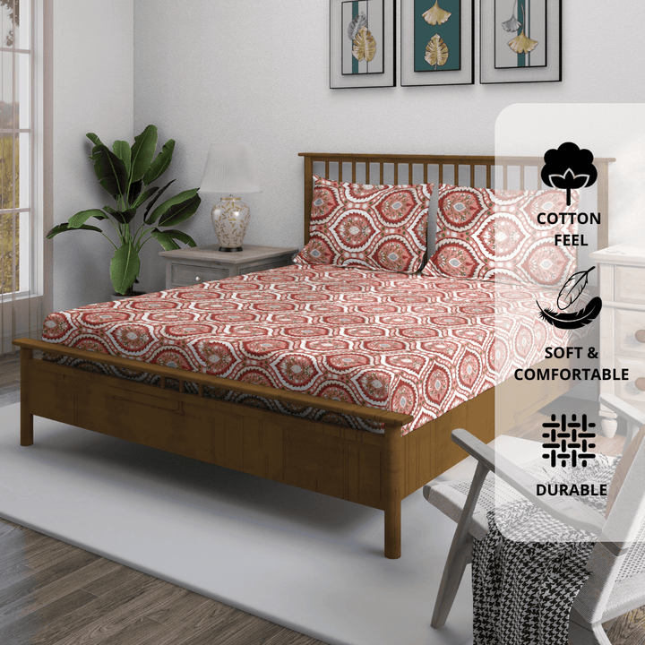 Bedroom with wooden bed and bedsheet and pillow cover matching colour