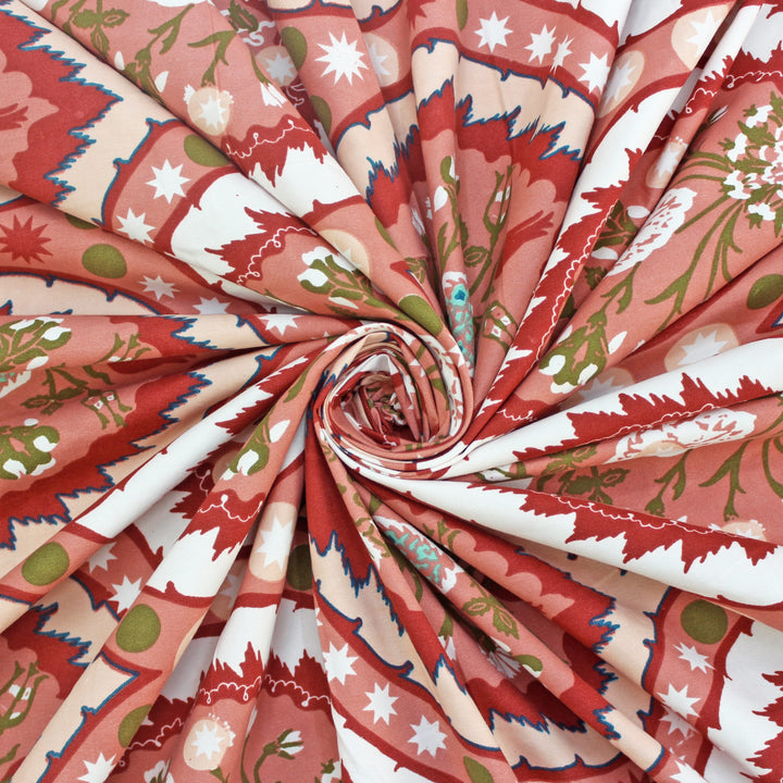 Roll of fabric with a red and beige floral pattern bedsheets